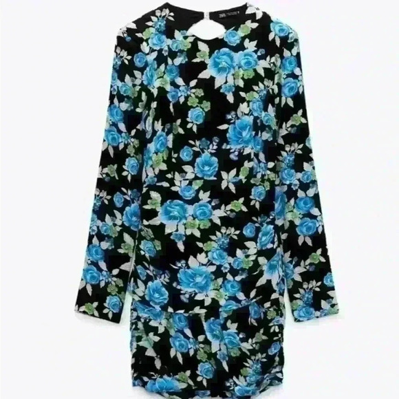 ZARA Floral Open Back Long Sleeve Blue Black  Pink Mini Dress size XS - Picture 6 of 10